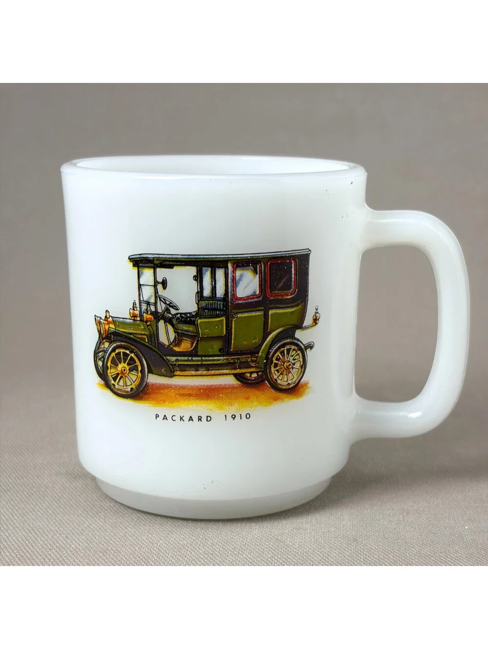 Vintage Milk Glass Stacking Coffee Mug Packard 1910 Antique Car Tea Cup